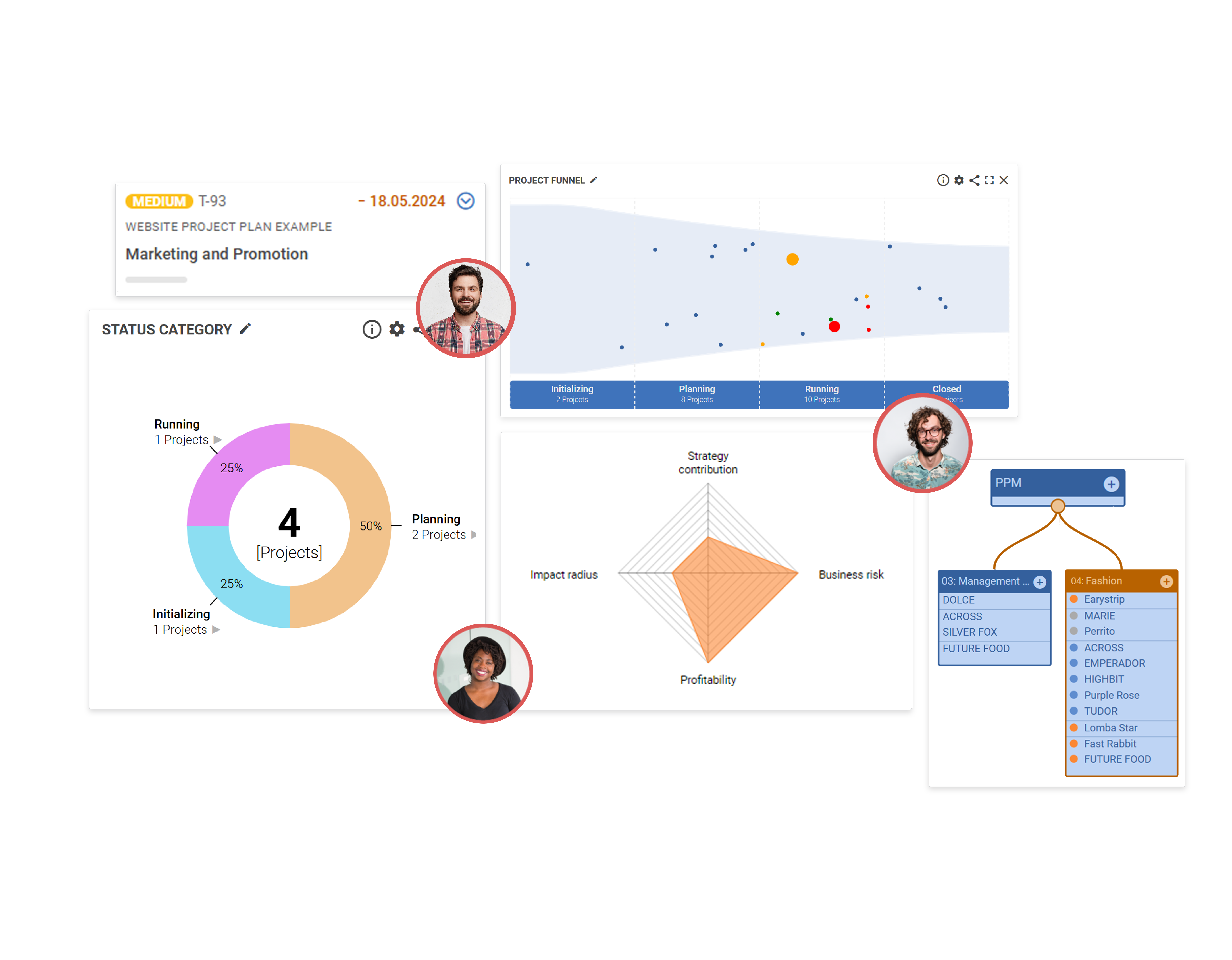 Various widgets are represented: from a project status chart to the company organigram, todos and project risk assessment